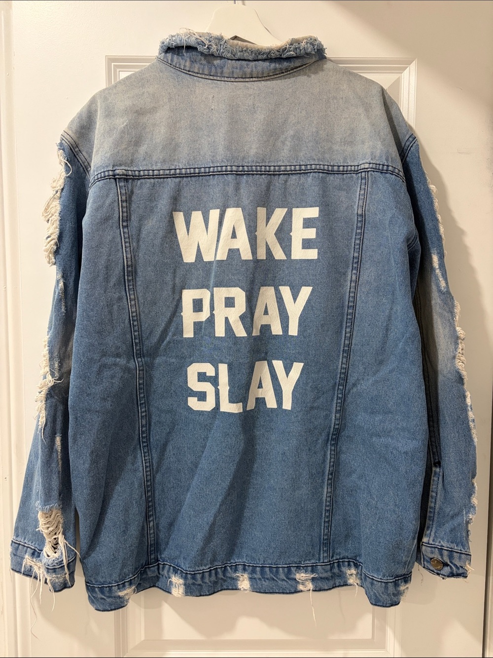 Fashion Nova Distressed Denim Jacket 'WAKE PRAY SLAY' Graphic - Light Blue